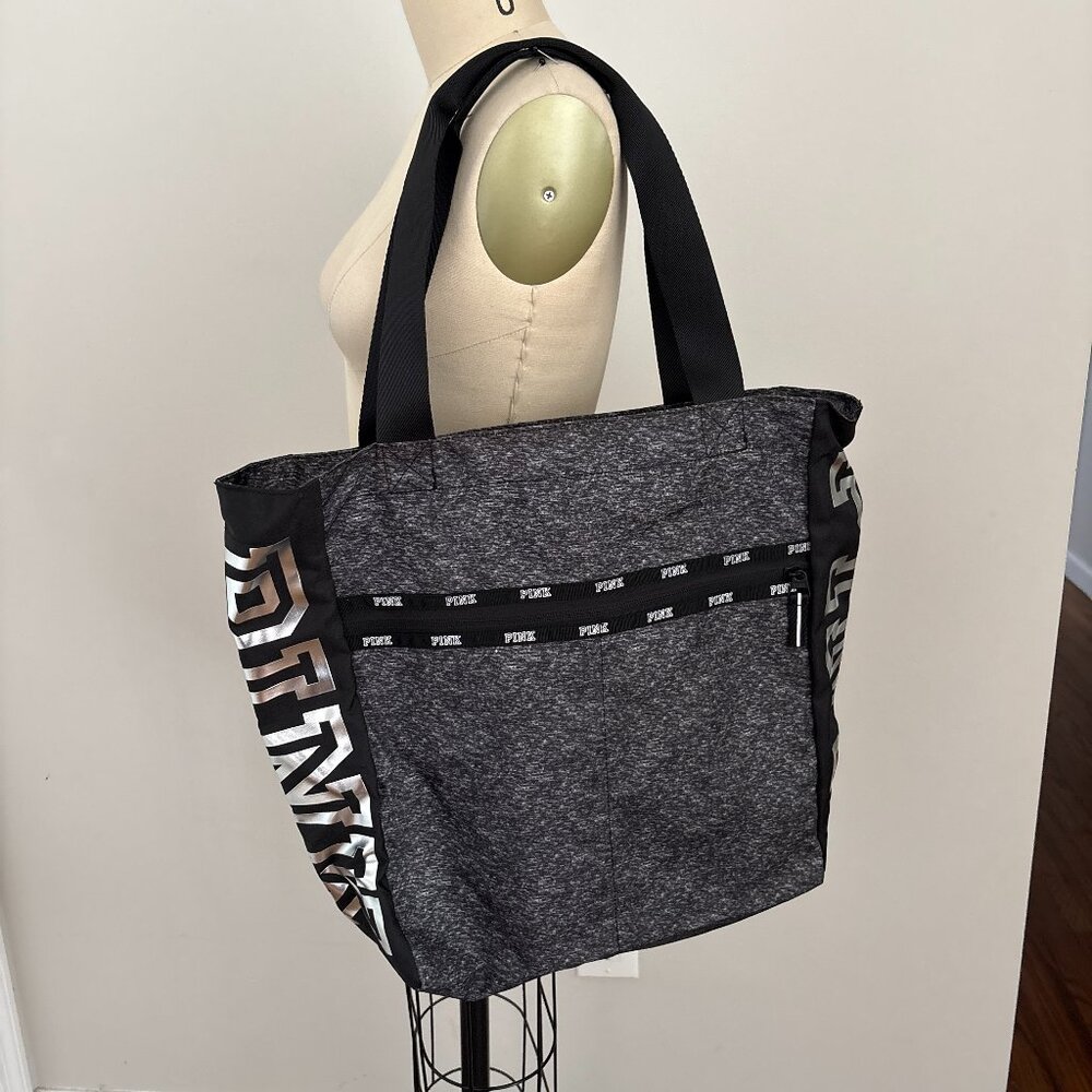 Victoria's Secret PINK Zippered Tote Bag Grey Marl Black Silver Foil Details